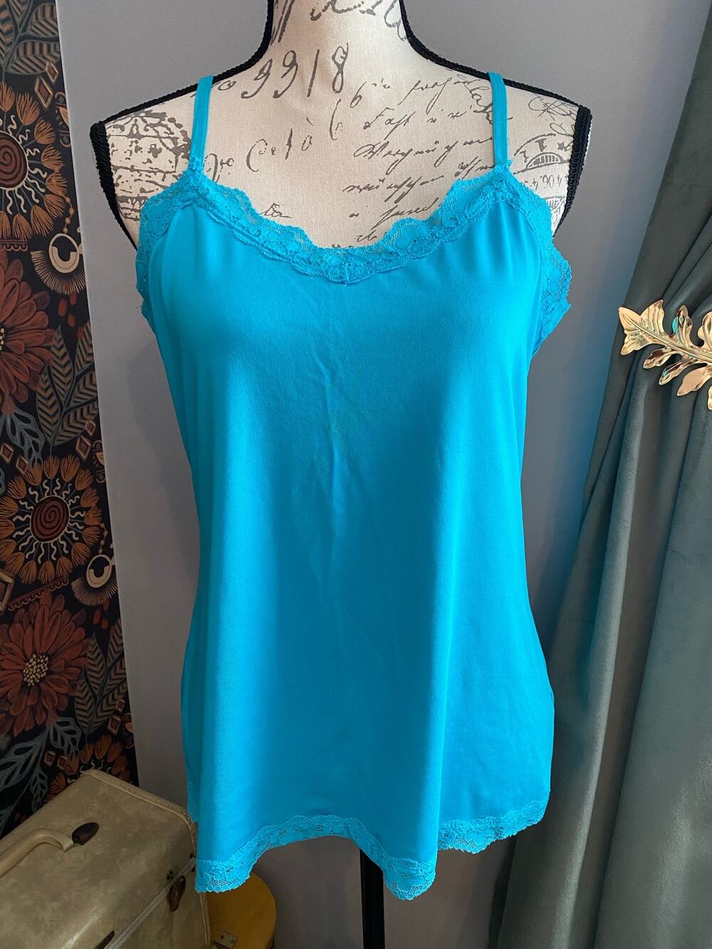 Vintage Y2K Fashion Bug Teal Blue Lace Cami Tank Top Size Large